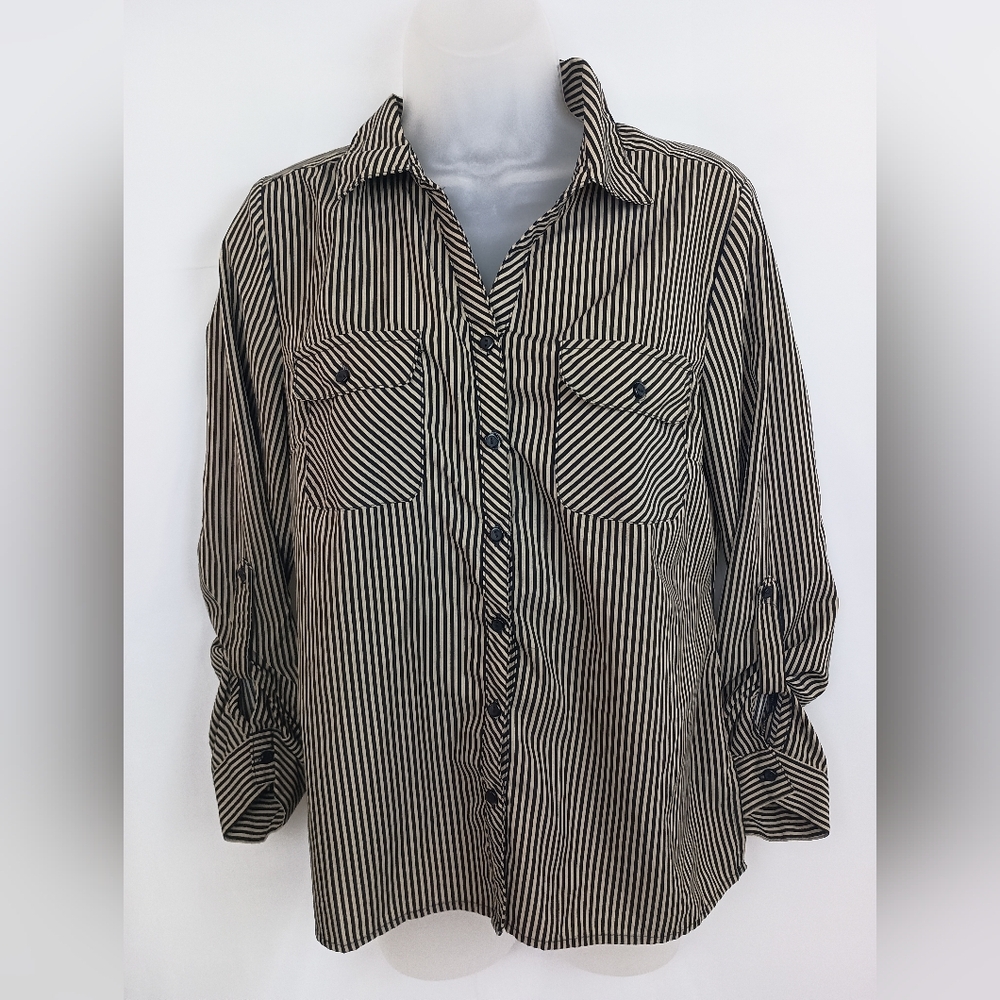 STUDIO WORKS Black White Work Business Mature M Striped Shirt (#1,095)